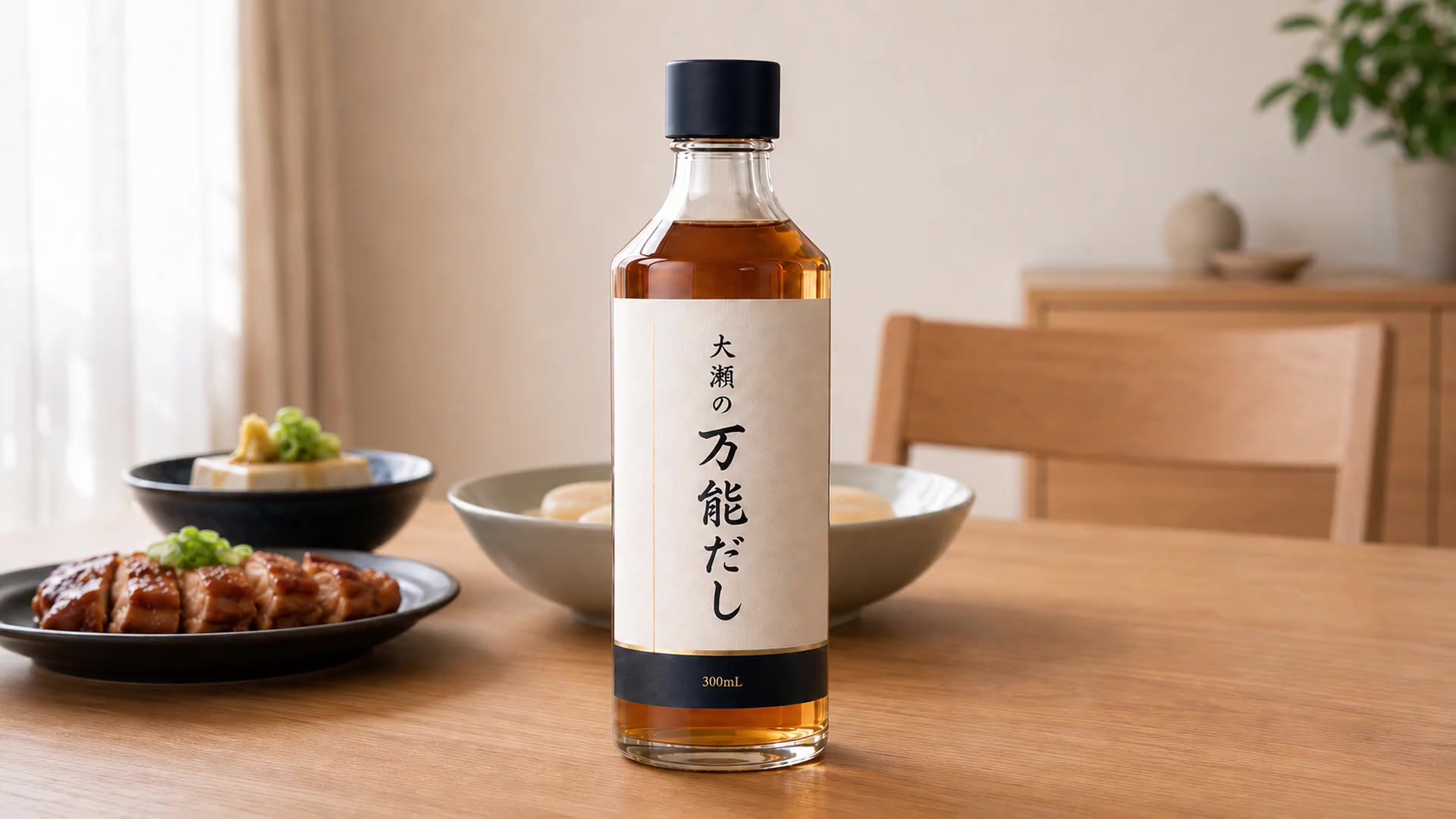 料理が並ぶ食卓と、大瀬の万能だしのボトル